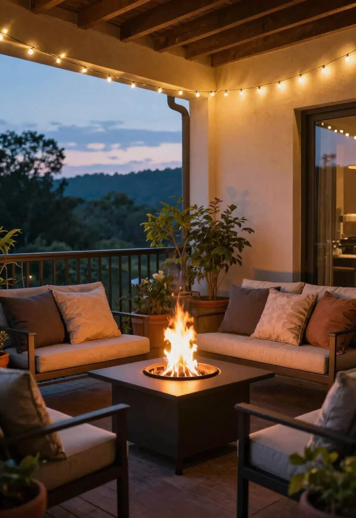 12 Balcony Design Ideas with Plants Lights and Relaxing Vibes 9. Fire Pit or Outdoor Heater 0