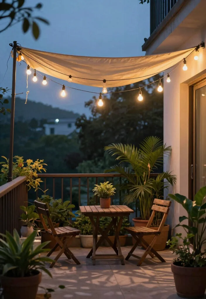 12 Balcony Lighting Ideas for Soft Nights and Golden Hour Vibes 2. String Lights in a Canopy 0