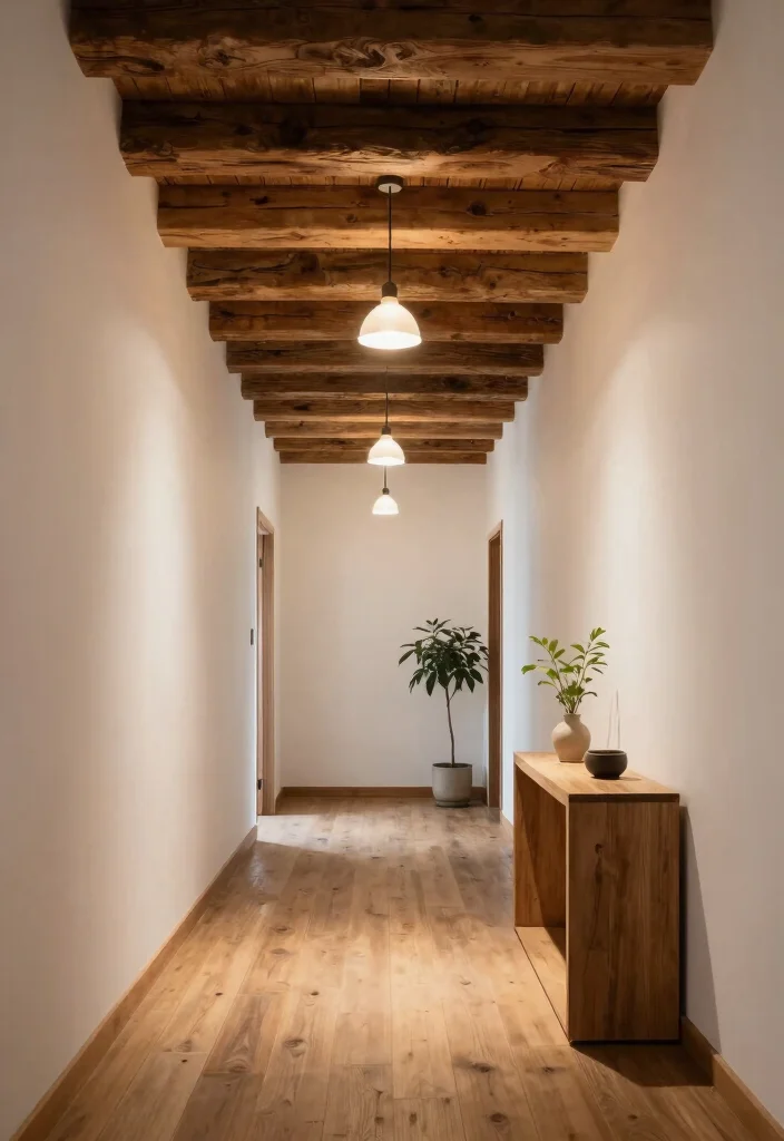 12 Ceiling Hallway Lighting Ideas That Brighten the Path 1. Rustic Reclaimed Wood Beams 0