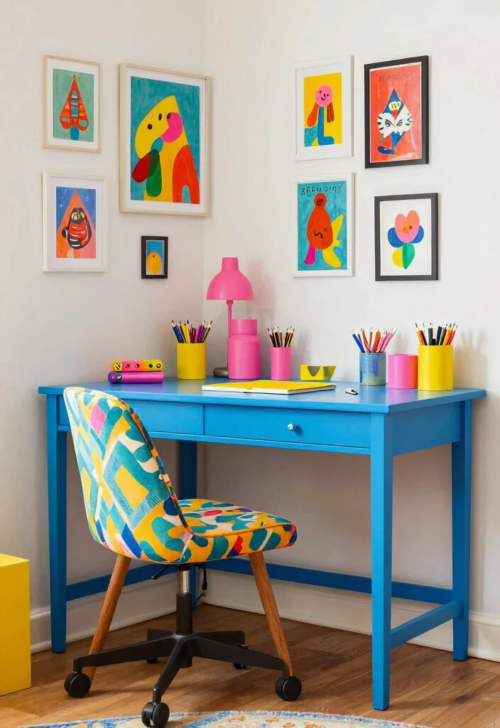 12 Corner Desk Ideas That Save Space and Feel Intentional 7. Stylish Corner Desk with Colorful Accents 0