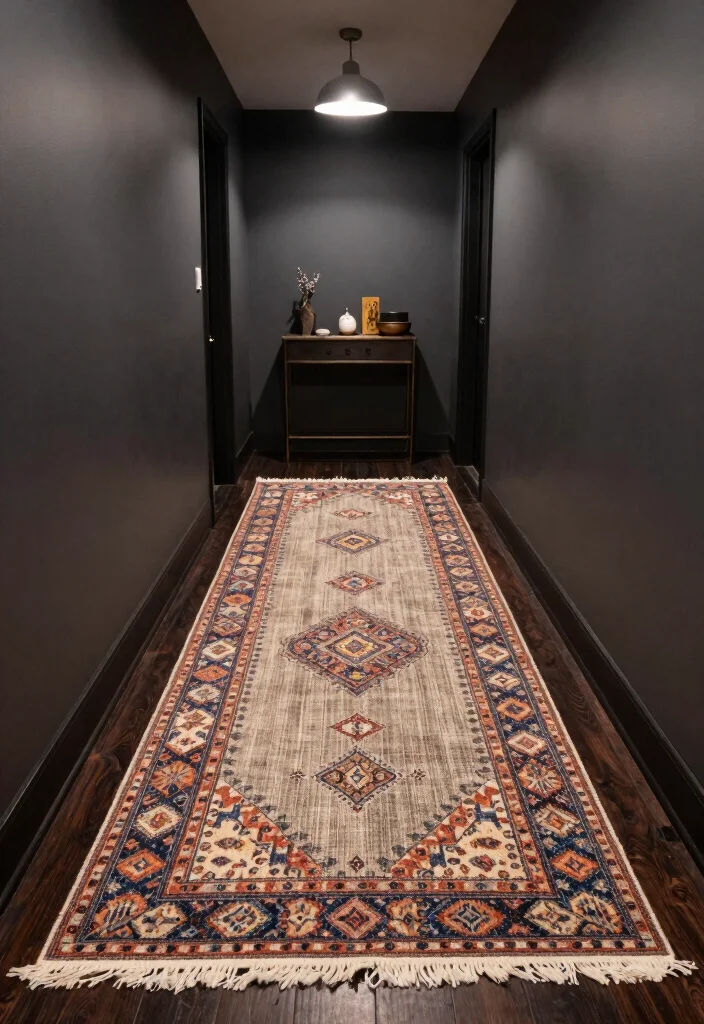 12 Dark Hallway Ideas That Still Feel Warm and Cozy 6. Layer with Rugs 0