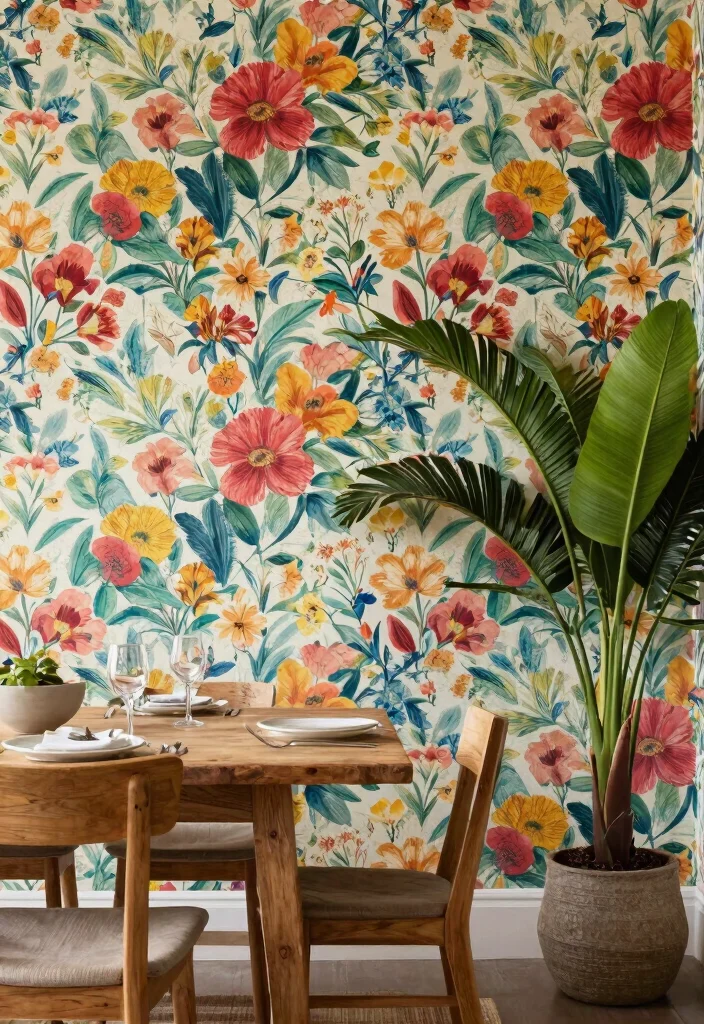 12 Dining Room Accent Wall Ideas for Soft Visual Focus 2. Vibrant Wallpaper Prints 0