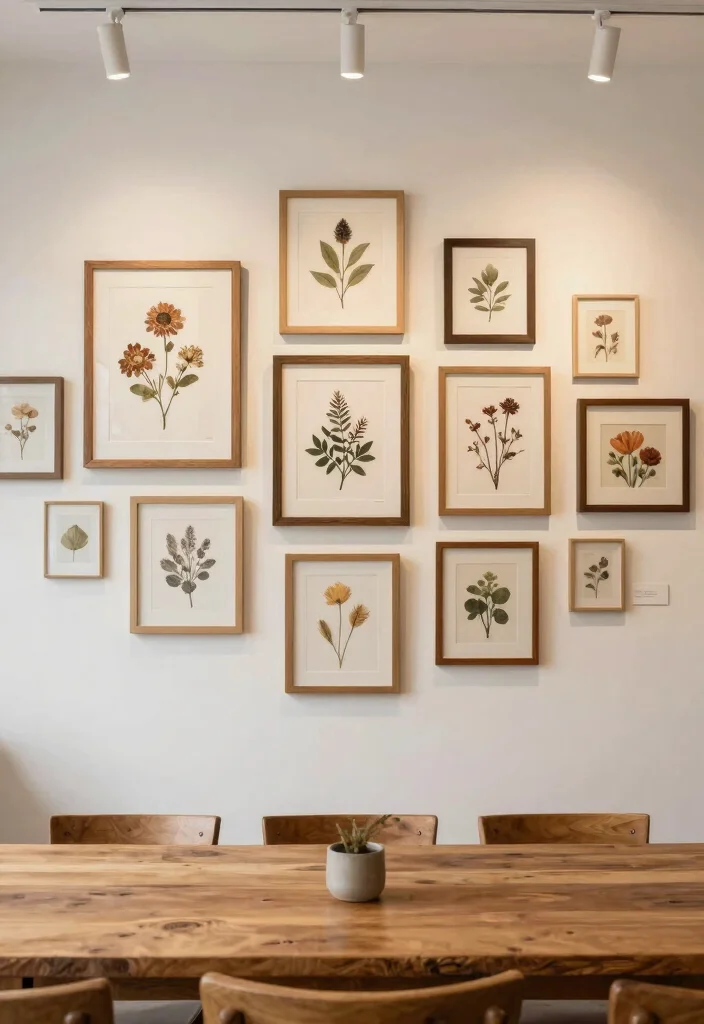 12 Dining Room Accent Wall Ideas for Soft Visual Focus 4. Gallery Wall of Natural Art 0