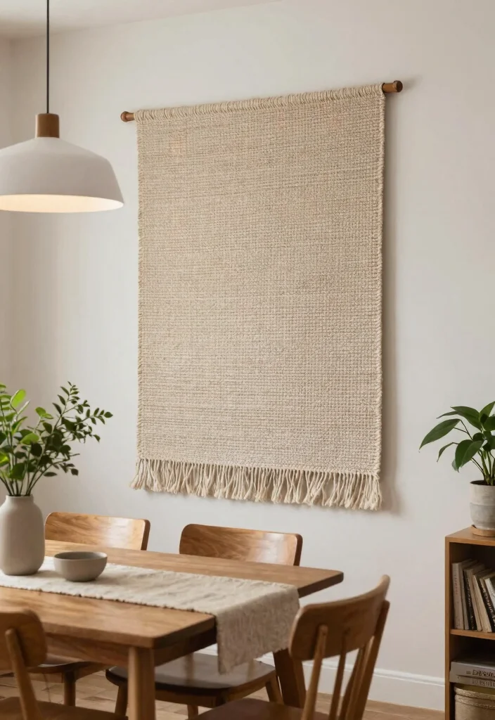 12 Dining Room Accent Wall Ideas for Soft Visual Focus 6. Woven Textile Wall Hangings 0