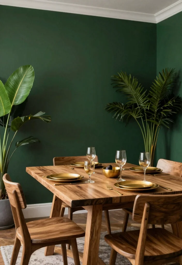 12 Dining Room Color Scheme Ideas That Feel Balanced 4. Deep Green with Natural Wood 0