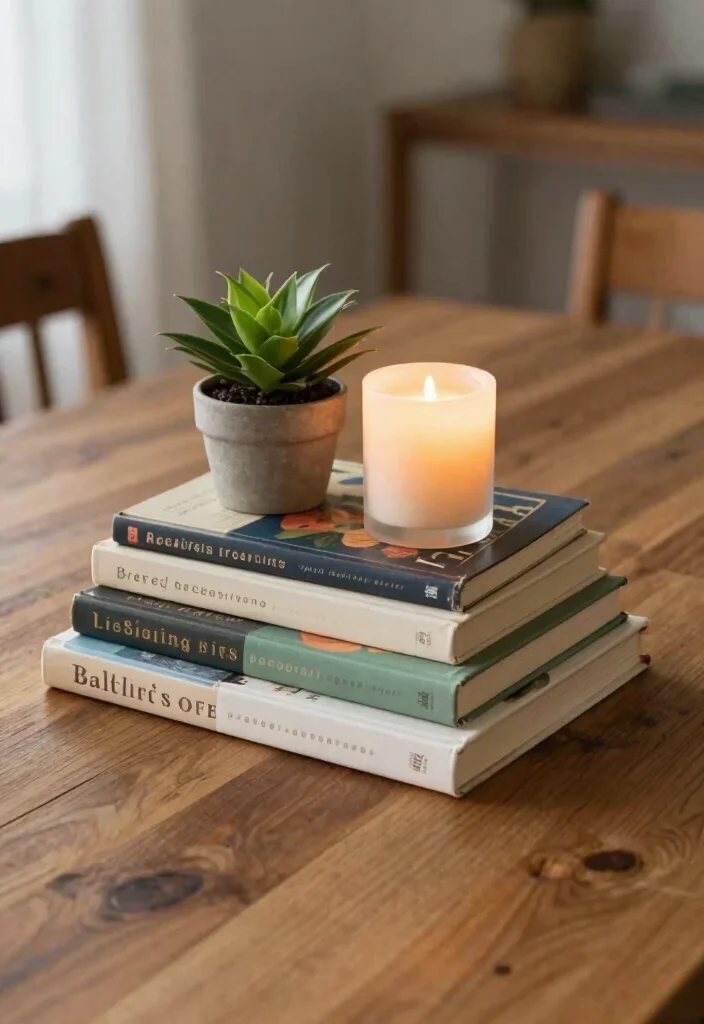 12 Dining Table Centerpiece Ideas for Everyday Beauty 12. A Layered Book Centerpiece 0