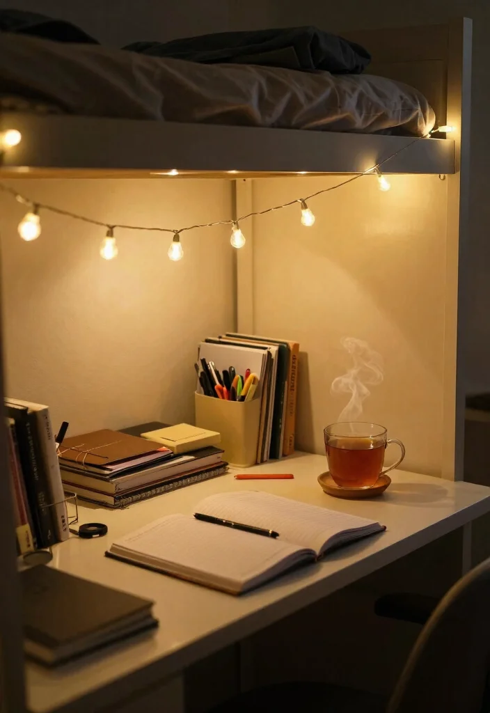 12 Dorm Desk Ideas That Feel Cozy and Personal 2. Cozy Lighting with Fairy Lights 0