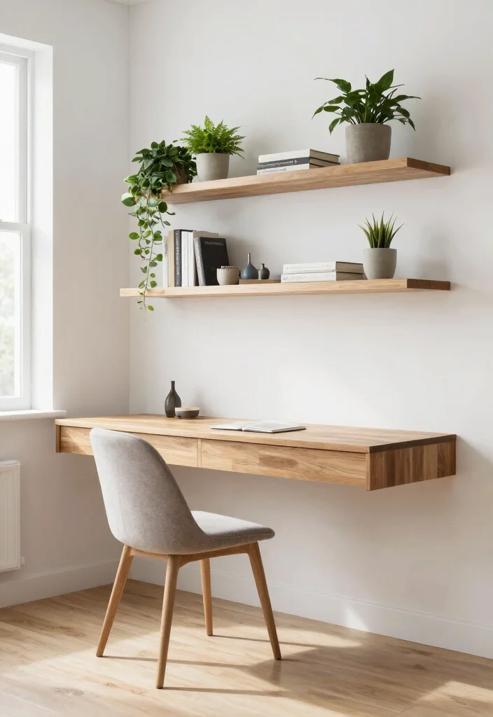 12 Floating Desk Ideas for Small Calm Spaces 1. Minimalist Floating Desk with Wall Shelves 0