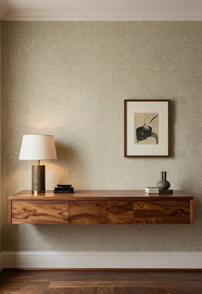 12 Floating Desk Ideas for Small Calm Spaces 12. Elegant Floating Desk with Decorative Backdrop 0