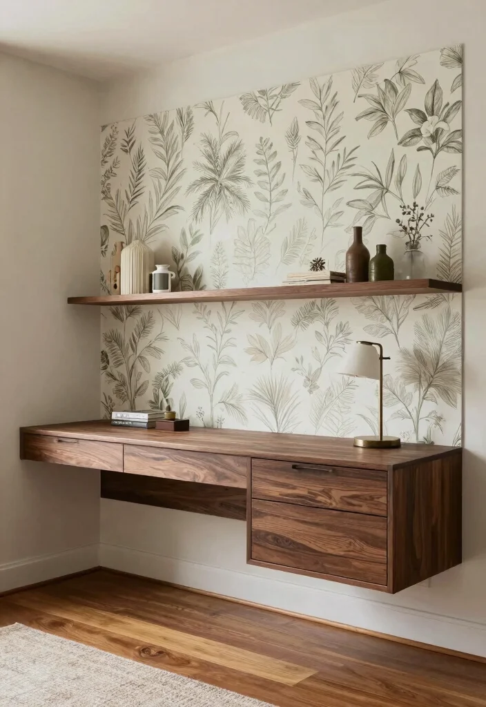 12 Floating Desk Ideas for Small Calm Spaces 4. Built in Floating Desk with Hidden Storage 0