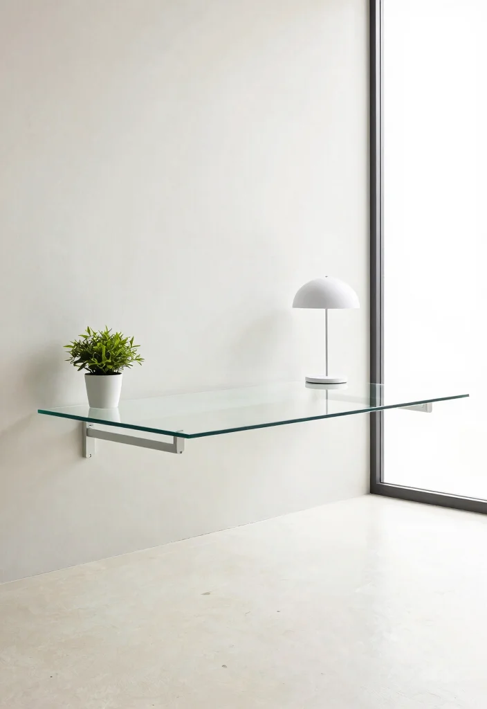 12 Floating Desk Ideas for Small Calm Spaces 6. Sleek Glass Floating Desk for an Open Feel 0