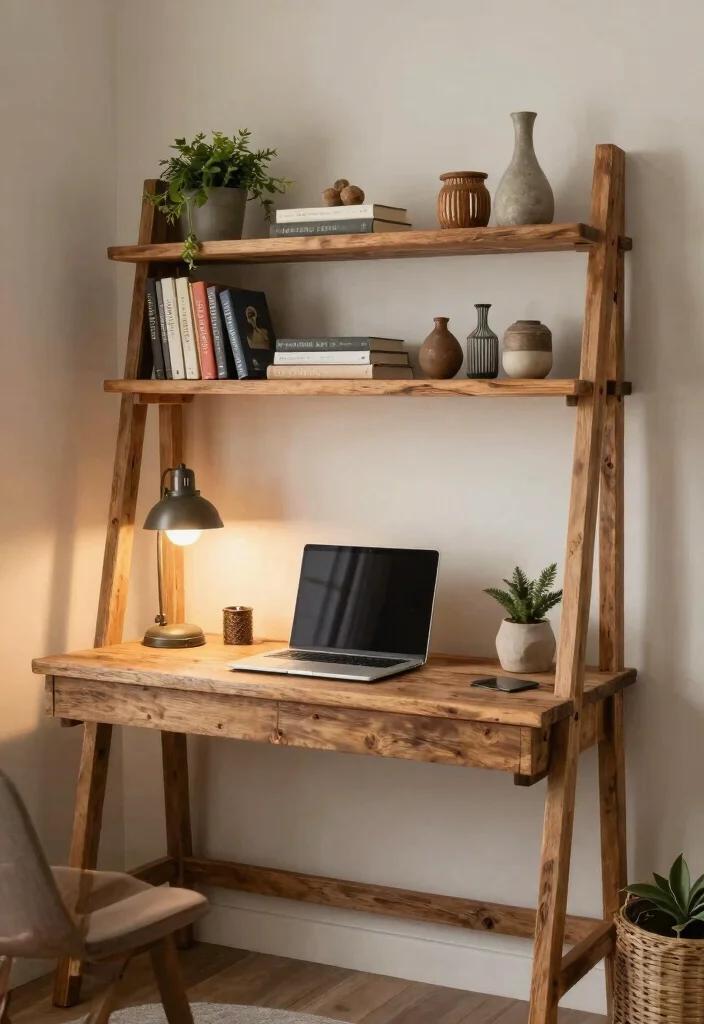 12 Floating Desk Ideas for Small Calm Spaces 7. Rustic Charm with Floating Desk and Ladder Shelf 0