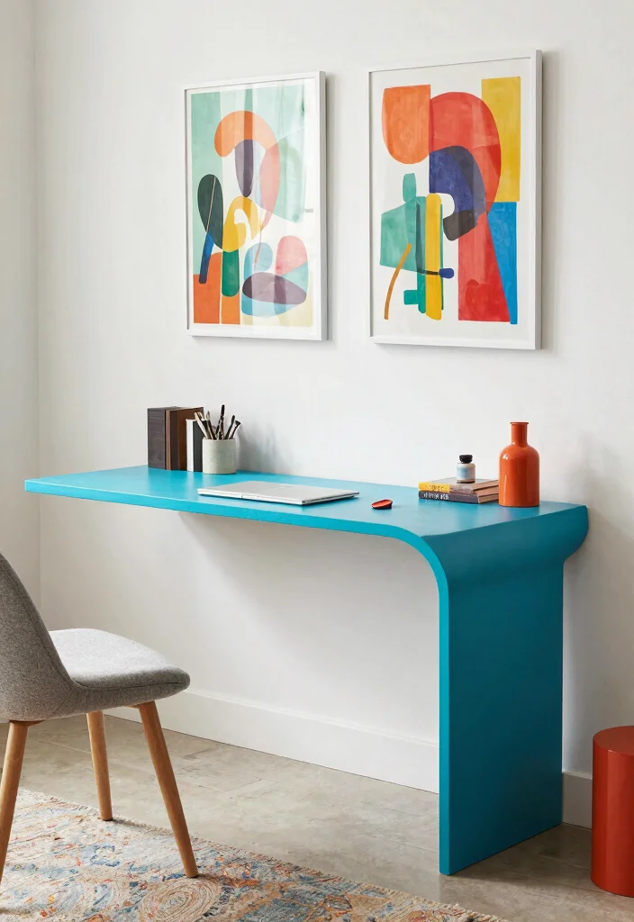 12 Floating Desk Ideas for Small Calm Spaces 9. Artistic Floating Desk with Unique Shape 0