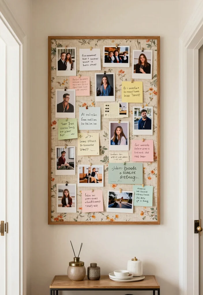 12 Hallway Photo Wall Ideas for Memories and Personality 10. Fabric Wrapped Corkboard Collage 0