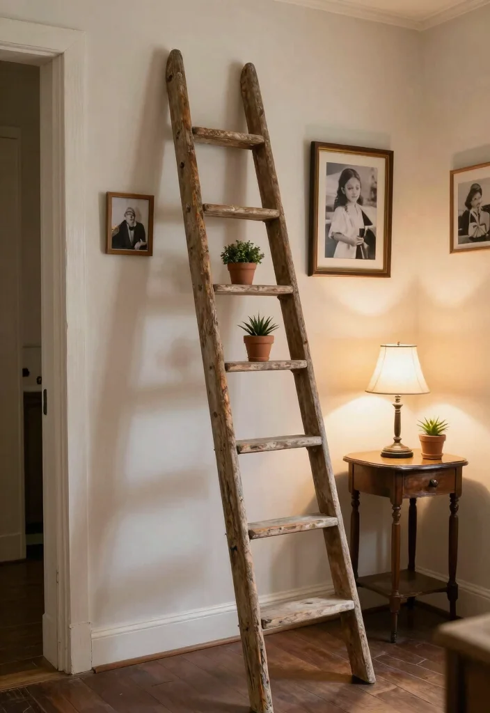 12 Hallway Photo Wall Ideas for Memories and Personality 11. Vintage Ladder for Photos 0