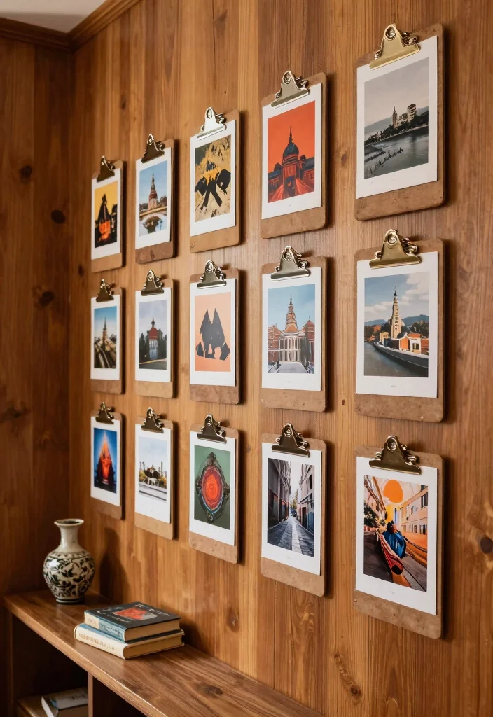 12 Hallway Photo Wall Ideas for Memories and Personality 2. Vintage Clipboards for a Rotating Display 0