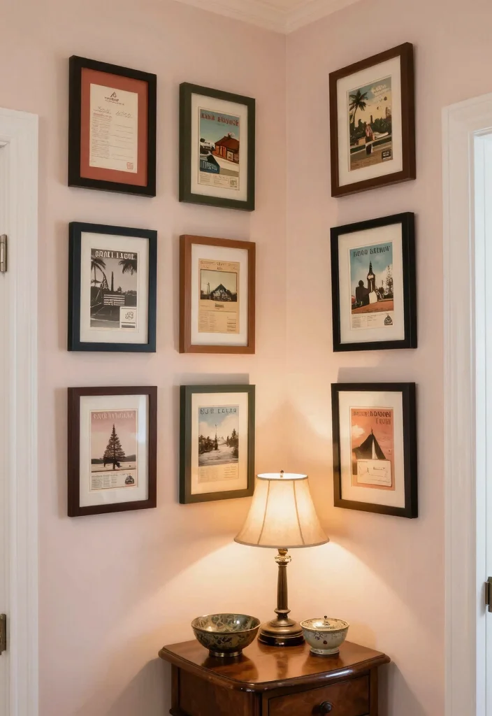 12 Hallway Photo Wall Ideas for Memories and Personality 3. Framed Vintage Postcards and Letters 0