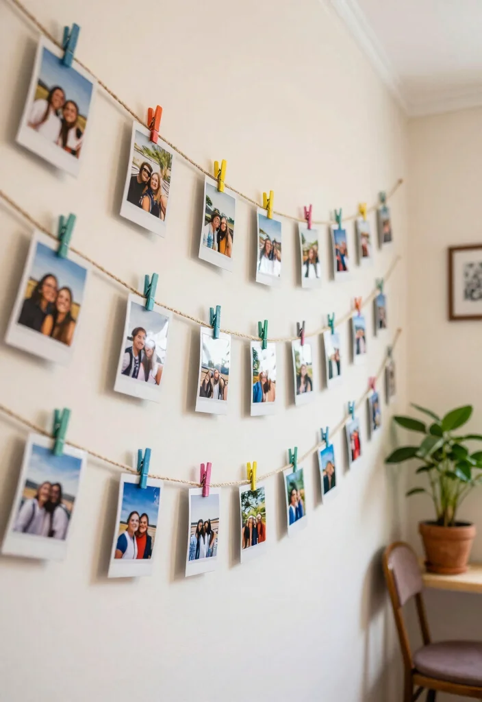 12 Hallway Photo Wall Ideas for Memories and Personality 5. Polaroid Photo Line 0