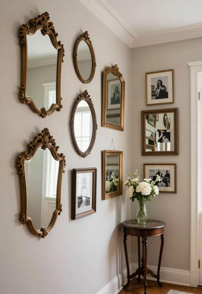12 Hallway Photo Wall Ideas for Memories and Personality 6. Vintage Mirrors as Art 0