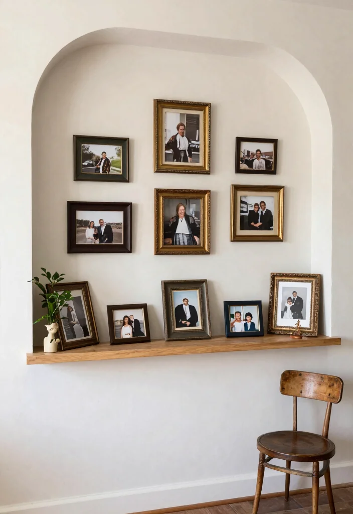 12 Hallway Photo Wall Ideas for Memories and Personality 9. Ledge Display with Miniature Frames 0