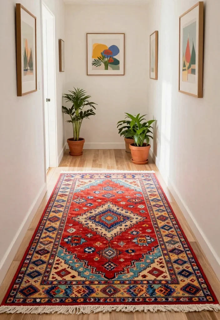 12 Hallway Wall Ideas for Art Mirrors and Storage 11. Colorful Area Rugs 0