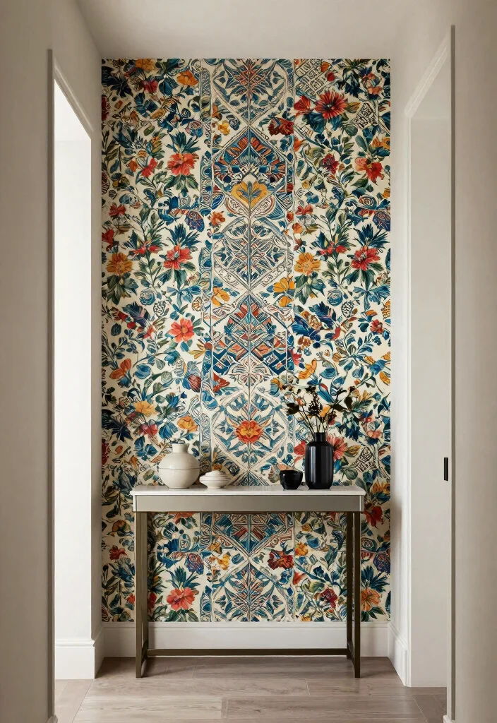 12 Hallway Wall Ideas for Art Mirrors and Storage 6. Creative Use of Wallpaper 0