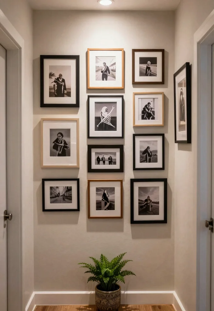 12 Long Narrow Hallway Ideas with Art and Warm Lighting 1. Gallery Wall Extravaganza 0