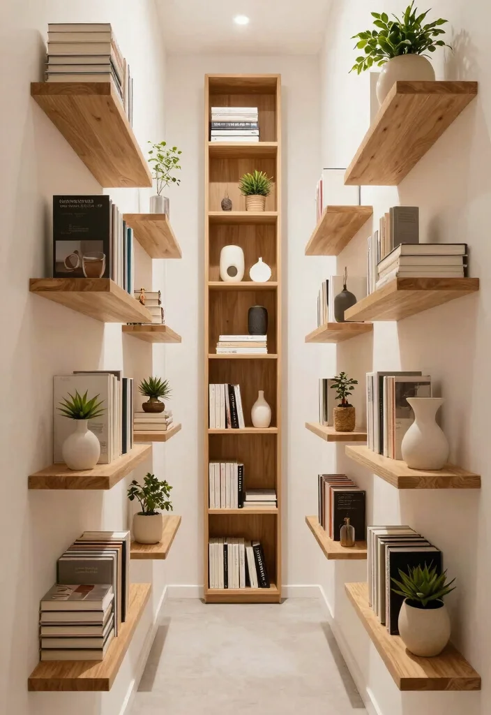 12 Long Narrow Hallway Ideas with Art and Warm Lighting 3. Space Saving Shelving 0