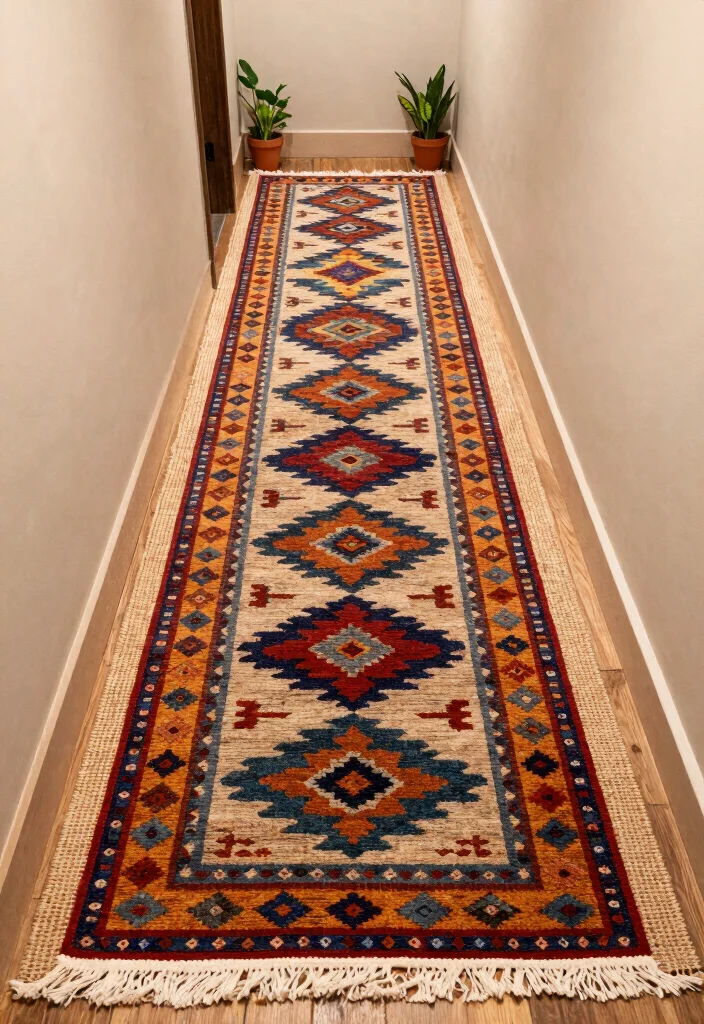 12 Long Narrow Hallway Ideas with Art and Warm Lighting 8. Layered Rugs for Warmth 0