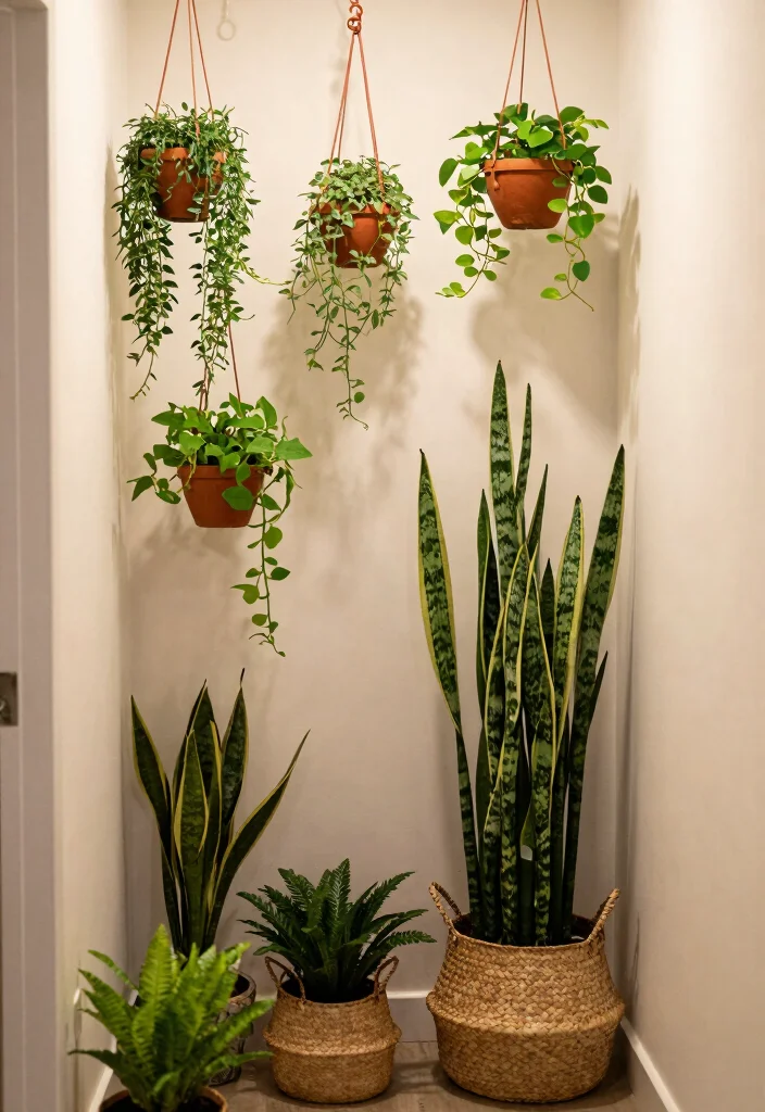 12 Long Narrow Hallway Ideas with Art and Warm Lighting 9. Indoor Plants for Life 0