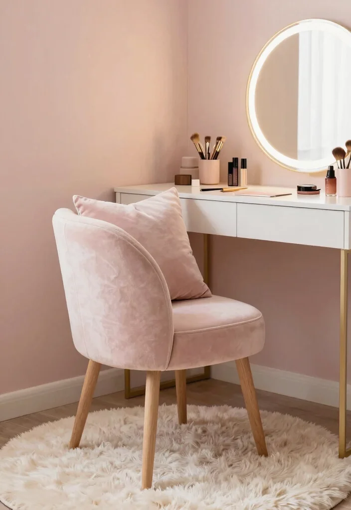 12 Makeup Desk Ideas for Soft Lighting and Daily Routines 7. Soft Textiles for Comfort 0