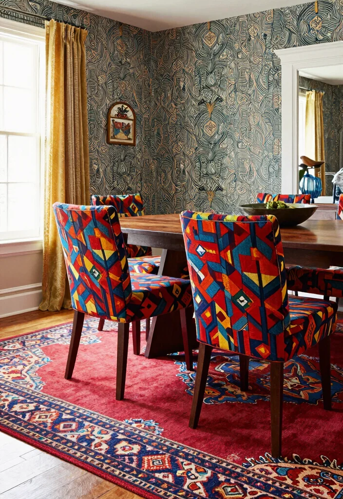 12 Moody Dining Room Ideas with Deep Cozy Tones 10. Bold Patterns 0