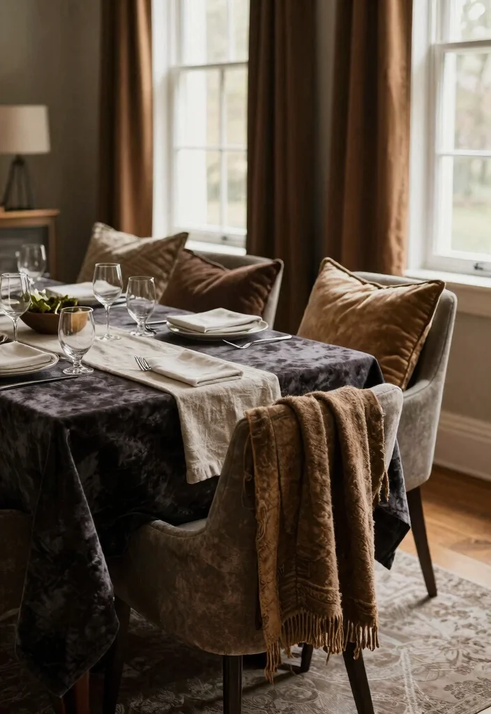 12 Moody Dining Room Ideas with Deep Cozy Tones 5. Cozy Textiles 0