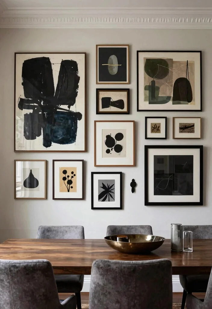 12 Moody Dining Room Ideas with Deep Cozy Tones 7. Statement Wall Art 0