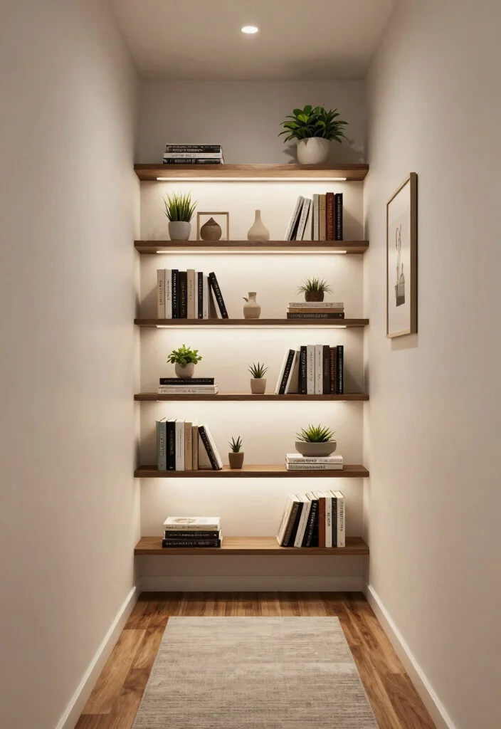 12 Small Narrow Hallway Ideas That Actually Work 1. Utilize Vertical Space with Shelves 0