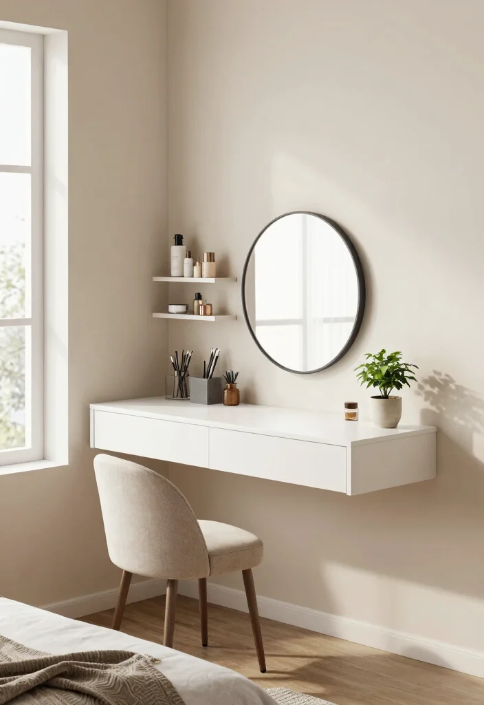 12 Vanity and Desk Combo Ideas for Small Bedrooms 1. Floating Desk and Vanity Combo 0
