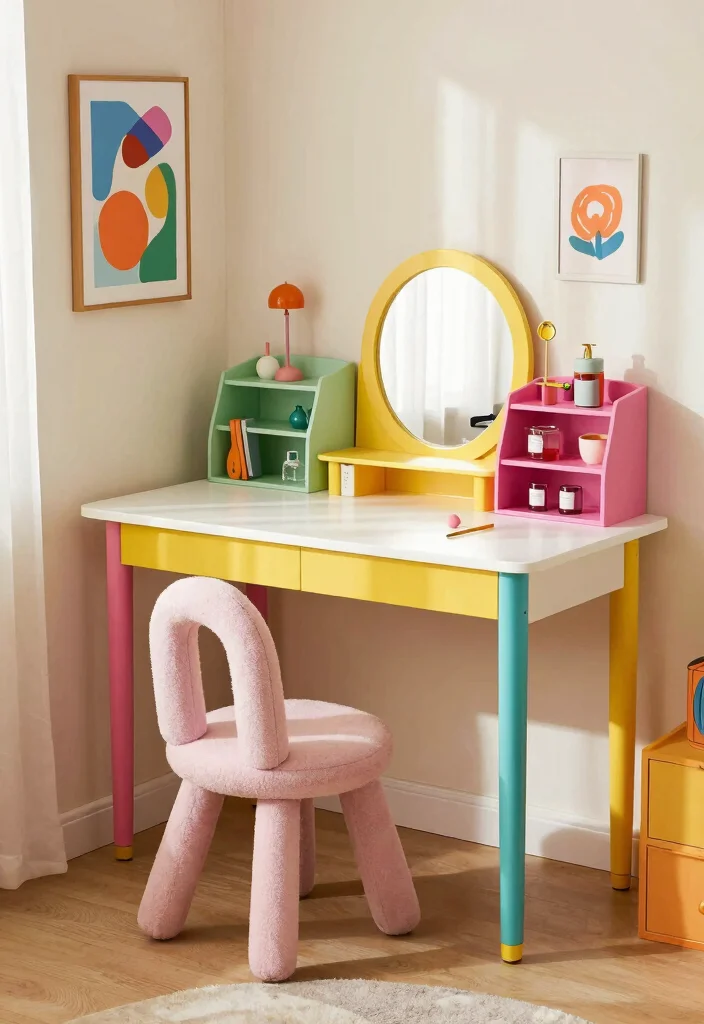 12 Vanity and Desk Combo Ideas for Small Bedrooms 10. Colorful Desk and Vanity Combo 0
