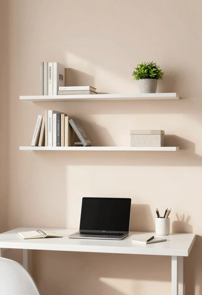 12 Work Desk Ideas That Feel Comfortable and Uncluttered 1. Floating Shelves for Storage 0