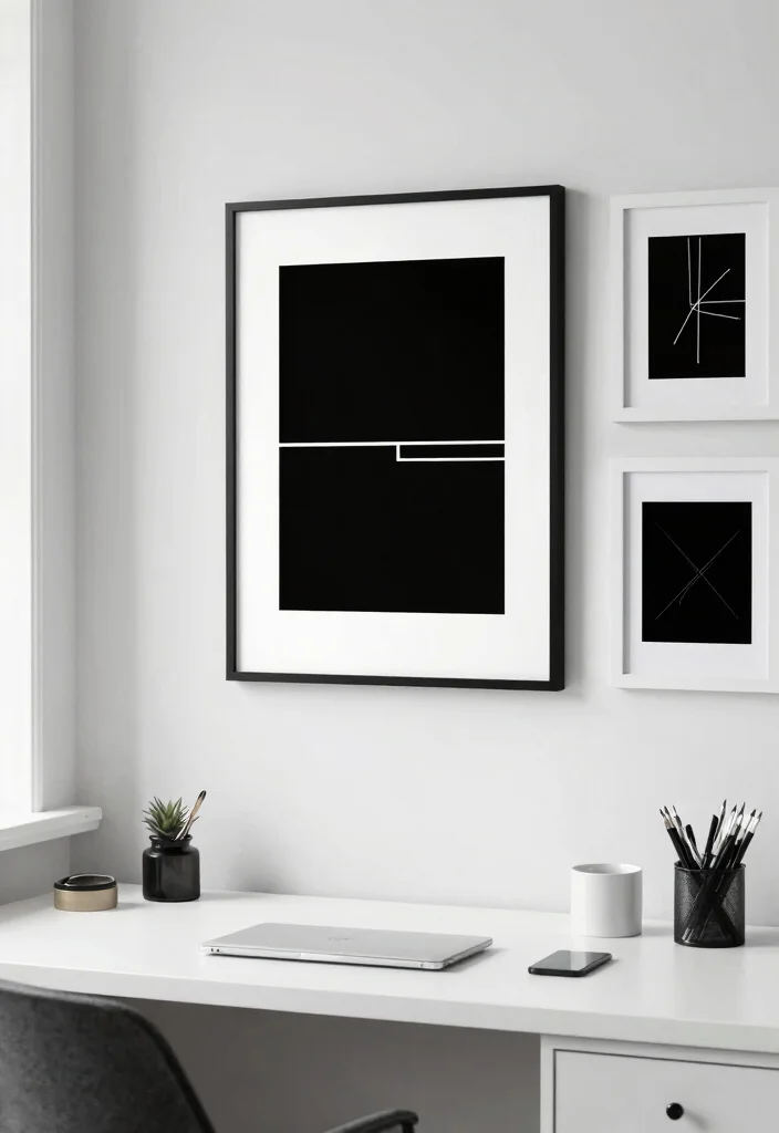 12 Work Desk Ideas That Feel Comfortable and Uncluttered 11. Minimalist Wall Art 0
