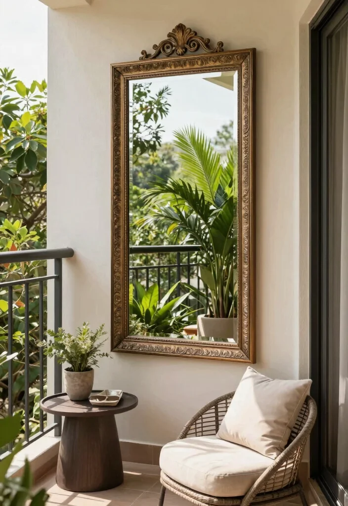 14 Balcony Ideas for Cozy Morning Coffee and Slow Evening Chill 14. Maximize with Mirrors 0