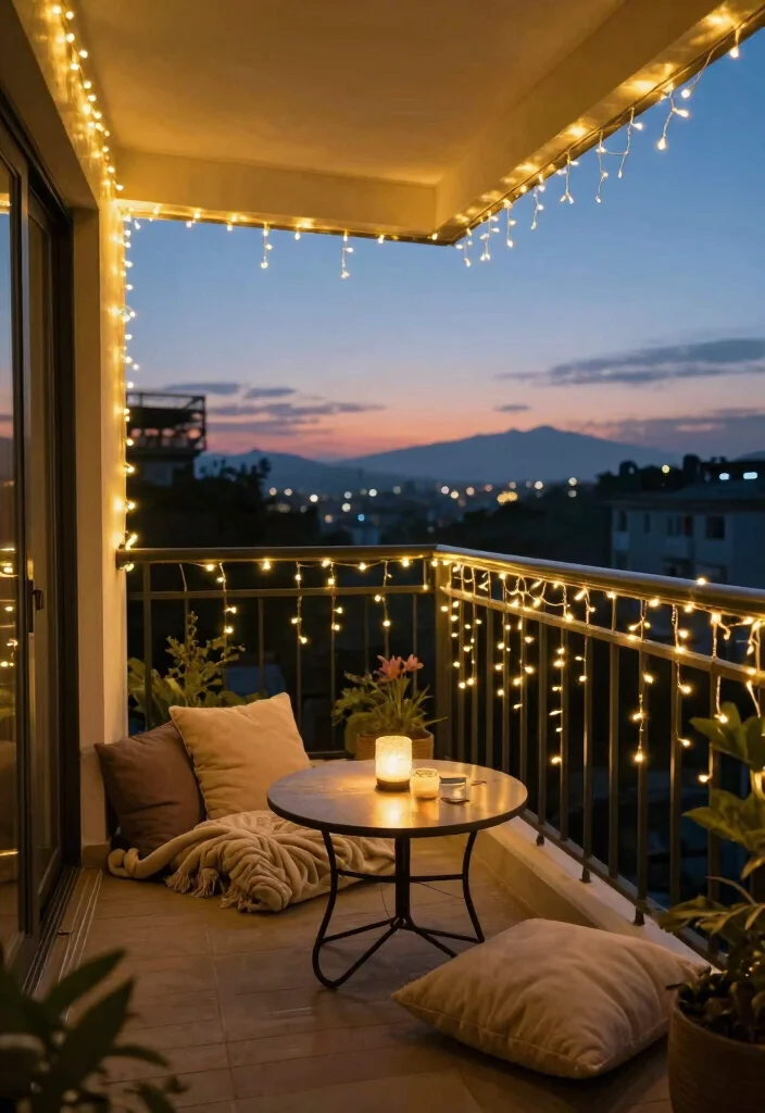 14 Balcony Ideas for Cozy Morning Coffee and Slow Evening Chill 3. Light Up the Night with Fairy Lights 0