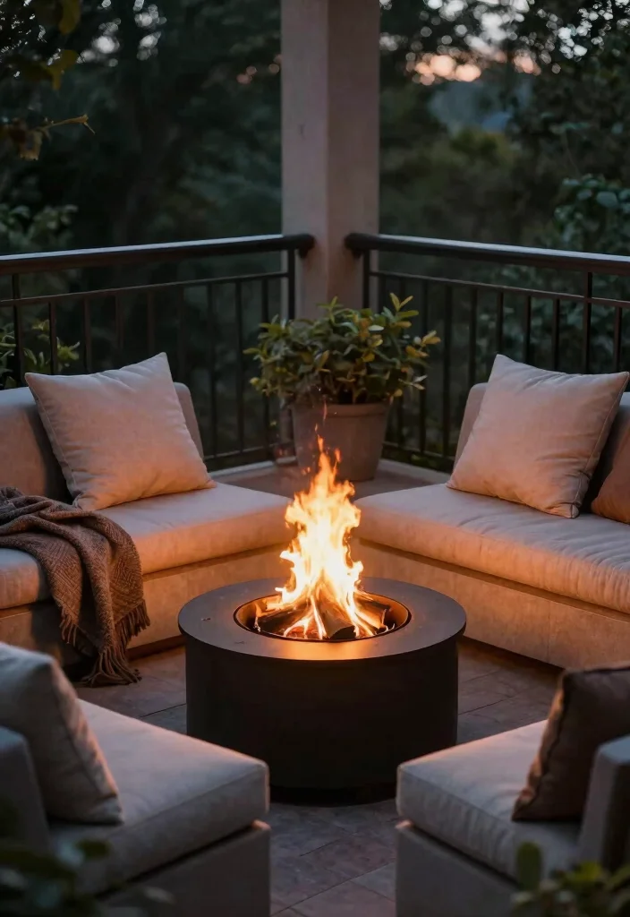 14 Balcony Ideas for Cozy Morning Coffee and Slow Evening Chill 9. Add a Cozy Fire Pit 0