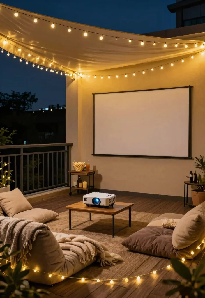 14 Closed Balcony Ideas for Year Round Cozy Living 14. Outdoor Movie Night Setup 0