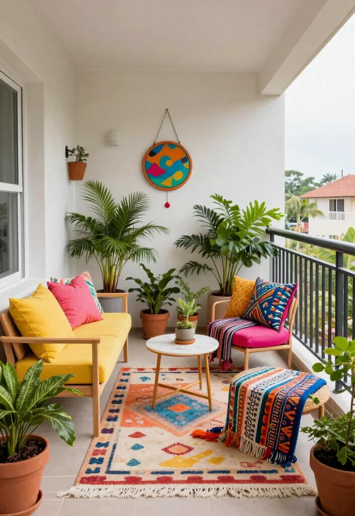 14 Closed Balcony Ideas for Year Round Cozy Living 8. Colorful Outdoor Lounge 0