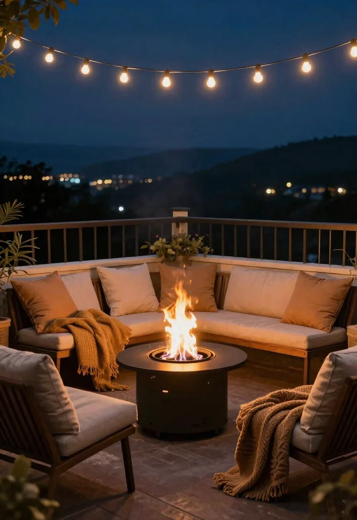 14 Closed Balcony Ideas for Year Round Cozy Living 9. Cozy Fire Pit Corner 0