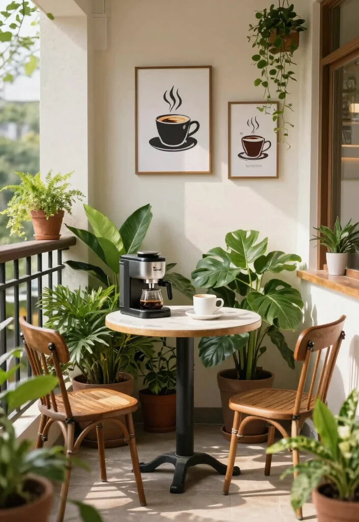 14 Enclosed Balcony Ideas That Feel Like an Extra Room 10. Charming Coffee Corner 0