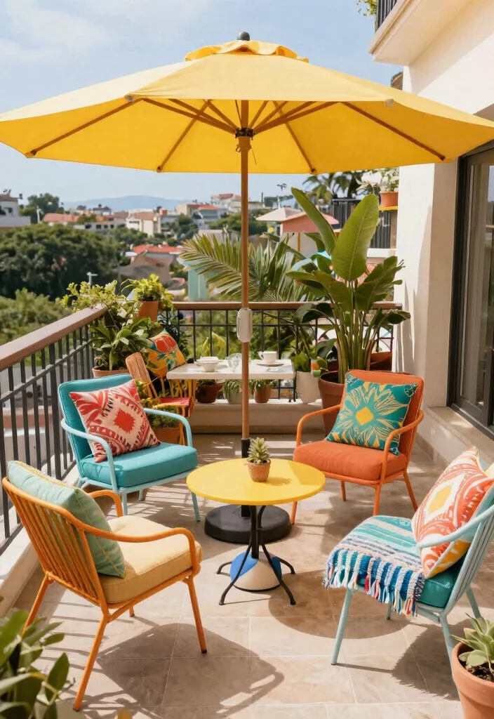 14 Small Apartment Balcony Ideas Styled for Everyday Comfort 10. Colorful Outdoor Furniture 0