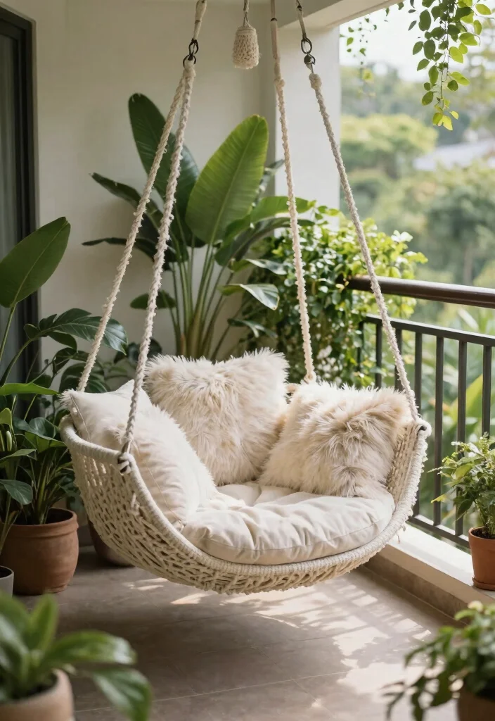 14 Small Apartment Balcony Ideas Styled for Everyday Comfort 11. Hanging Daybed Paradise 0