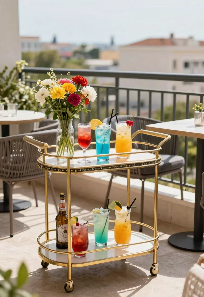 14 Small Apartment Balcony Ideas Styled for Everyday Comfort 12. Stylish Bar Cart Setup 0