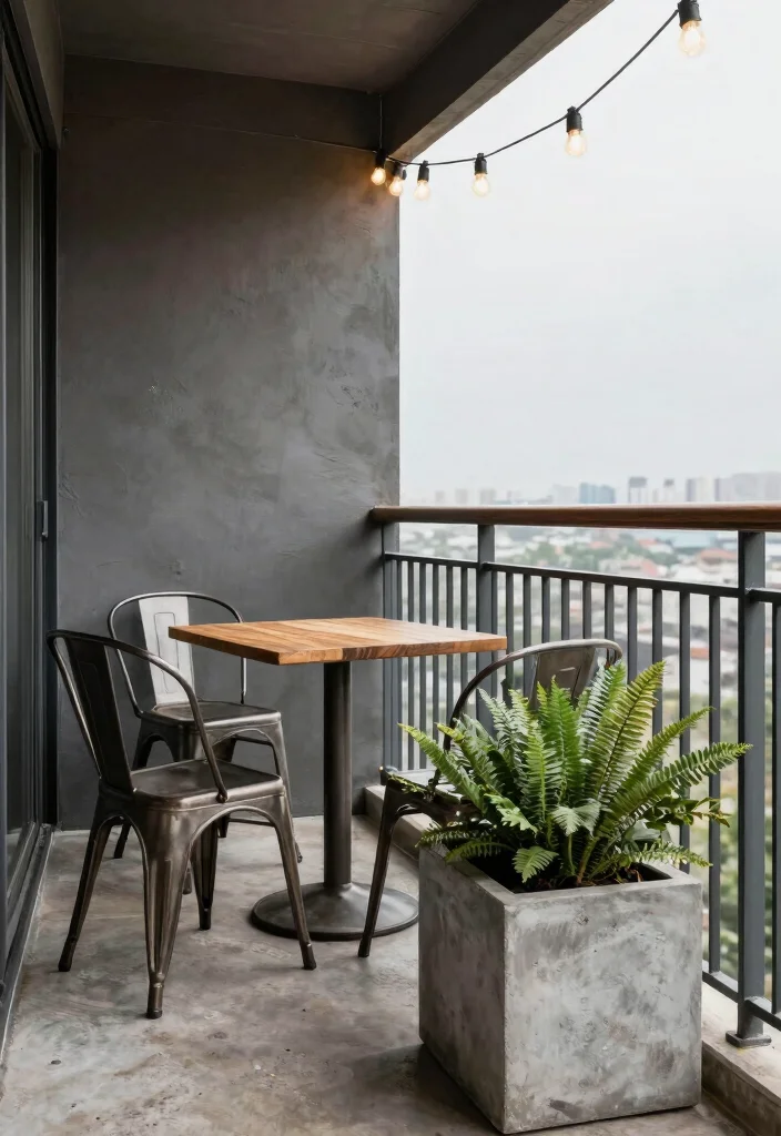 14 Small Apartment Balcony Ideas Styled for Everyday Comfort 3. Industrial Chic Vibes 0